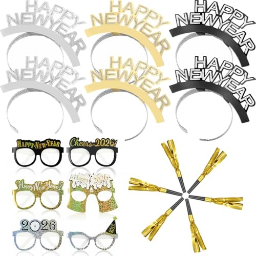 Harrycle 18 Stück Neujahr Party Dekoration 2026 Happy New Year Brillen Stirnband Set Silvester Party Lustige Brillen Glitzer Haarreif für 2026 Party Gebläse für Erwachsene Silvester Deko