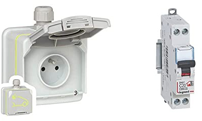 Legrand 090471 Prise Saillie Étanche Green'up Access pour Véhicule Électrique, Modes 1 ou 2, IP66, IK08, 16A, 230V & Disjoncteur Phase + Neutre - 20A - bornes à vis - 1 module