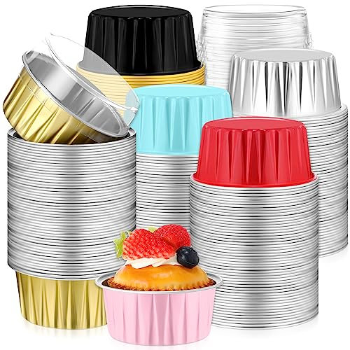 Dandat Aluminum Foil Cup with Lid 300 Pack Baking Cake Pan 5oz Disposable Ramekin Cupcake Liners Dessert Cups Mini Muffin Liner Cake Containers Flan Molds Tin for Wedding Birthday Christmas Kitchen