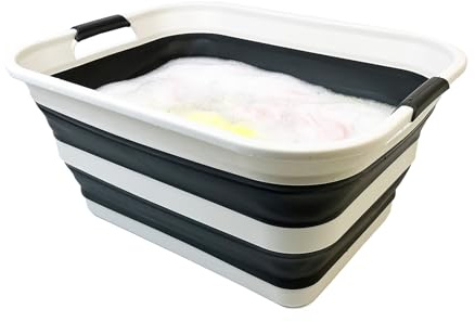 SAMMART 42L zusammenklappbarer Kunststoff-Wäschekorb – faltbarer Pop-Up-Aufbewahrungsbehälter/Organizer – tragbare Waschwanne – platzsparender Wäschekorb (1, Grau/verwaschenes Schwarz)