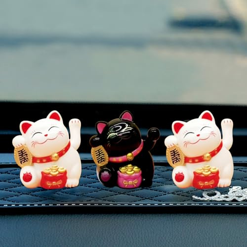 Auto Solar Winken Händen Glückliche Katze, Lucky Cat Solar Wackelfiguren Tanzende Winkekatze, Solarfigur Statue Auto Armaturenbrett Ornamente, Wackelfigur für Auto Haus Oder Büro (2 Weiß 1 Schwarz)