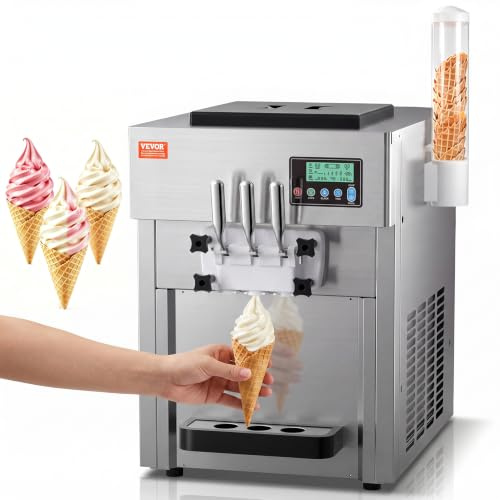 VEVOR Macchina per Gelato Commerciale 21 QT/H Gelato Soft da Banco a 3 Gusti da 1800 W, 2 Tramogge 4 L, 2 Cilindri 1,8 L, Pannello LCD, Preraffreddamento Automatico, per Snack Bar Ristorante