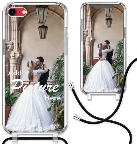 CoverHeld iPhone SE 2022 Handyhülle mit Band selbst gestalten aus Silikon Hülle mit deinem Bild/Design personaliseren und einzigartig Machen/Handykette Kordel Band in Schwarz