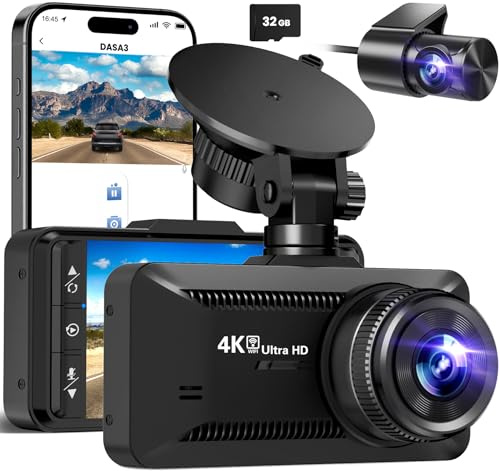 Dash Cam Front Rear 4K/1080P, Dash Camera for Cars Build in WiFi, Full HD Dash Cam with APP Control, 3.94‘’ IPS Screen Dash Camera with 32GB SD Card, G-Sensor, WDR, 24Hr Parking Mote, Loop Recording