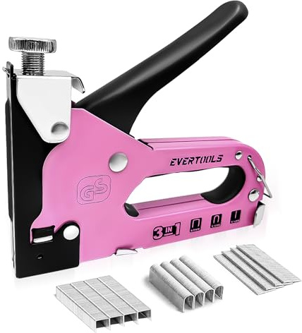 3-in-1 Pink Staple Gun, Manual Upholstery Staple Gun with 600 Staples for Crafts, Fabric, Furniture Repair, Wood & DIY