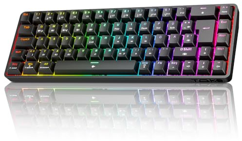 TMKB T68 Gaming Tastatur,60% Kabellos Mechanische RGB Tastatur mit Bluetooth/2.4G/Typ-C,Compact 68 Tasten Anti-Ghosting,Deutsches QWERTZ Layout,Blue Clicky Switch,Schwarz