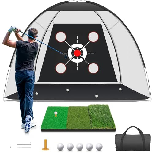 KLAODOT Golf Net with Practice Mat,Golf Hitting Aid Nets 10x7FT for Backyard Driving Chipping Training Swing with Target Mat Balls for Outdoor Indoor，Gifts for Men Dad Him and Golfer