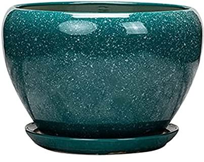 SaryEdge Mittelgroße, runde, Leuchtend dunkelgrün glasierte Blumentöpfe aus Keramik mit angebrachten Untersetzern. Blumenkübel für die Gartendekoration im Freien(Grün-20CM
