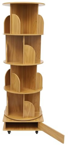 Akuoyiexemye 4 Etagen 360° Drehbares Massivholz Bücherregal mit 4 Universalräder, 46×46×142cm Mehrstöckiges Lagerregal Freistehendes Bücherregal 80-100 Bücher (Holz)