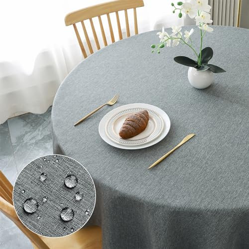 AooHome Tablecloth Round Φ120cm Grey, Wipe Clean Tablecloths Washable Polyester Faux Linen Tablecloth Water-repellent with Lotus-effect, Durable Scratch Resistant for Dining room, Balcony, Garden