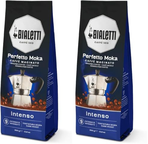 Bialetti - Perfetto Moka Intenso: Café Molido Tueste Fuerte, Aroma de Avellana, 250g, Paquete con Válvula Unidireccional para Preservar el Sabor (Paquete de 2)