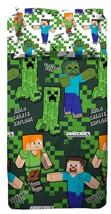 Set Lenzuolo Letto Singolo, Completo Letto Singolo Minecraft, Lenzuolo Sopra, Lenzuolo Con Angoli, Federa, Verde, 100% Cotone, Prodotto Ufficiale