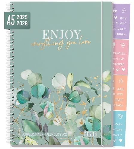 Häfft® College-Timer Deluxe A5 2025/2026, Schülerplaner mit Gummiband, Stickern & Sprüchen Minty Leaves Schulplaner Hausaufgabenheft - nachhaltig & klimafreundlich