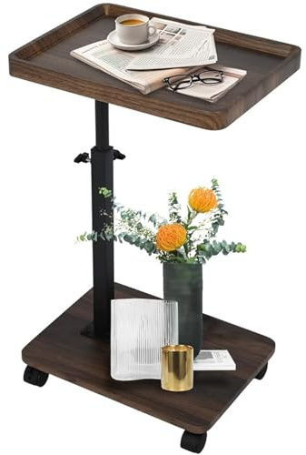 aleawol Beistelltisch C Form Höhenverstellbar(45-80cm) mit Rollen, Holz 360° Rotierend Beistelltisch Couchtisch, Mobiler Sofatisch für Wohnzimmer Sofa Schlafzimmer Bett