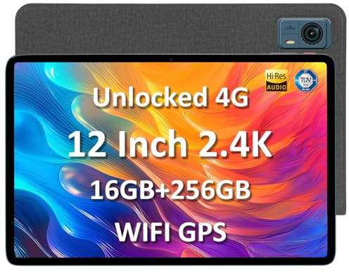 Android Tablet with SIM Card Slot Unlocked, 12 in Large Tablets, 16GB RAM+256GB ROM, 4G LET Cellular Tablet, WiFi BT5.0 GPS Octa-Core, 8000mAh, Dual Camera, Supports Telephone Functions
