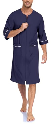 COLORFULLEAF Herren-Bademantel aus 100 % Baumwolle, weicher Reißverschluss, kurzärmelig, Sommer-Kimono, Hausmantel mit Taschen