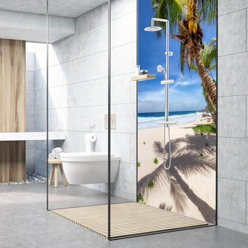 Dedeco Premium Bad Duschrückwand mit Motiv: Strand V1, 90x200cm, UV-Lack matt, wasserfest, hochwertige fugenlose Wandverkleidung aus 3mm-Alu-Verbundplatte, Fliesenersatz ohne Bohren