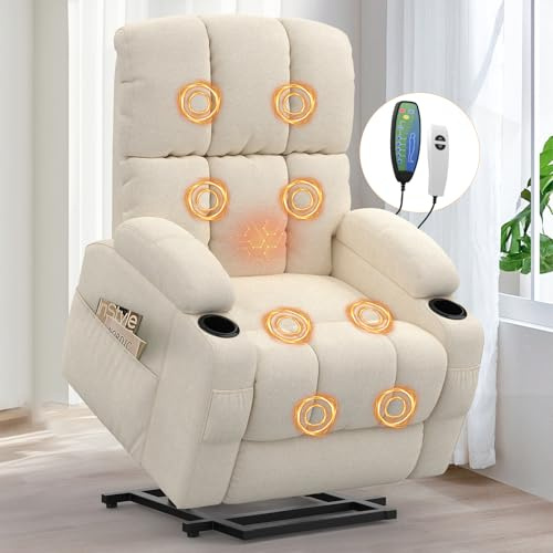Srfzluxy Lift Chair for elderly, Recliner Armchair with Massage and Back Heating, Extended Footrest, Reclining Sofa Chairs with Type C+USB, 2 Cup Holders & 4 Sides Pockets