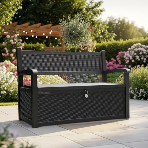 Olsen & Smith 265L Outdoor Garden Plastic Storage Bench Box Container Chest – Weather Resistant Lockable Rattan Effect Lawn Balcony Patio Storage Seat Chair Furniture (Black)