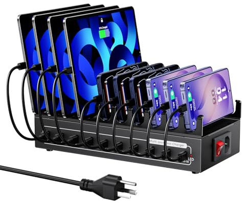 Estación de carga USB C para múltiples dispositivos, cargador rápido USB de 10 puertos, organizador de estación de carga USB C multipuerto de 200 W para múltiples dispositivos, compatible con teléfono