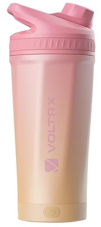 VOLTRX ChillMix Bouteille shaker isotherme en acier inoxydable – Mélangeur électrique rechargeable par USB C, pour boissons protéinées et remplacement des repas, acier chromé (rose coucher de soleil)
