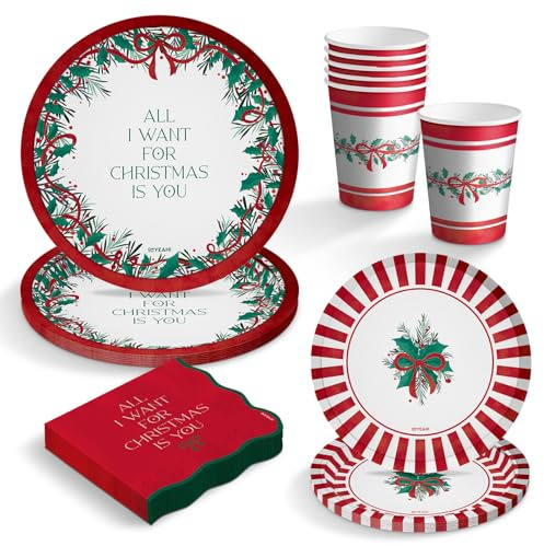 OH YEAH - Kit Vajilla Navidad 6 Personas All I Want - 38 Piezas - Platos, Vasos, y Servilletas Desechables - Temática Navideña - Cenas Navideñas, Reuniones Familiares y Fiestas de Fin de Año