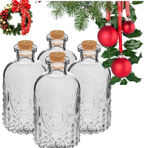 lilawelt24 Weihnachts Geschenkflaschen 240 ml – 4 x Glasflaschen mit Naturkorken – Edle Deko-Flaschen für Likör, Wein, Sirup oder Hausgemachte Geschenke – Wiederverwendbar & Stilvoll