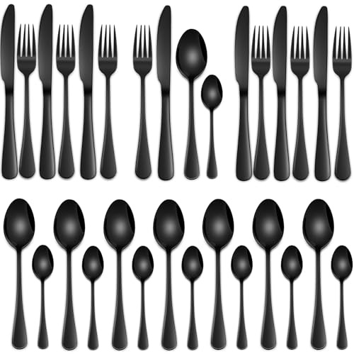 Black 32 Pieces Cutlery Sets Service for 8 Person,Stainless Steel Table Knife Spoon Fork Eating Utensils Sets for Kitchen Tableware Sets,Black Flatware Sets