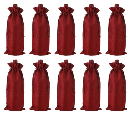 QUARKZMAN 10 st burgundypåsar i jute, vinrött flaskpåsar med snoddar, överdrag för spritflaskor för bröllop, födelsedagsfester, vinröd
