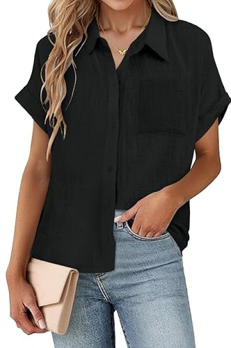 SEMARO Womens Cotton Button Down Shirts Casual Short Sleeve Solid Summer Blouses Tops with Pocket Black