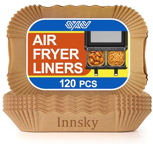 Innsky Air Fryer Liners Disposable Parchment Dual Zone 20.5x14cm 120pcs | Heat resistant and greaseproof design keeps your fryer clean, releases food easily and simplifies cleanup after cooking daily