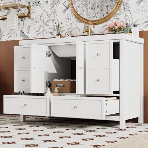 DACHETOU Tocador de baño independiente, color blanco, lacado, 120 x 50 x 86,5 cm, cuatro cajones silenciosos, puertas dobles con función de cierre suave, lavabo de resina integrado