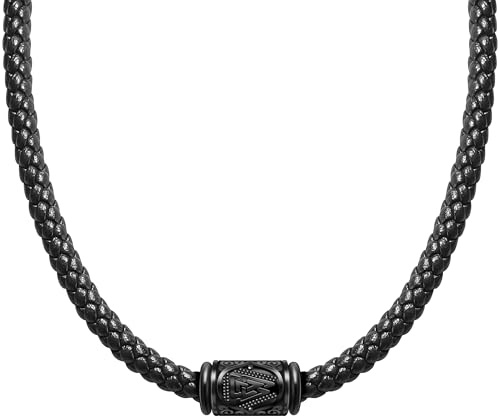 LEAFIA Men’s Leather Necklace, Genuine Leather Necklace Cord Braided Rope Chains with Black Stainless Steel Pedant, Stylish Accessory for Punk, Rock, Streetwear & Casual Style (Black, 55, Centimeters)