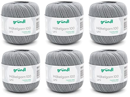 Gründl Wolle Häkelngarn 100 - dünne sommerliche Wolle zum Häkeln - Glänzend und waschbar - Baumwollgarn - 100% Baumwolle - 6 Knäuel 100 g / 566 m - Nadelstärke 1,5-2, hellgrau