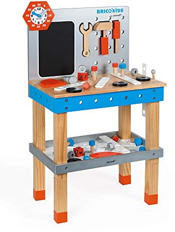 Janod - Il Mio Primo Gioco di Costruzione - Banco da Lavoro Gigante Magnetico in Legno - Gioco di Imitazione - 40 Accessori Inclusi - Blu & Rosso - dai 3 Anni - J06477