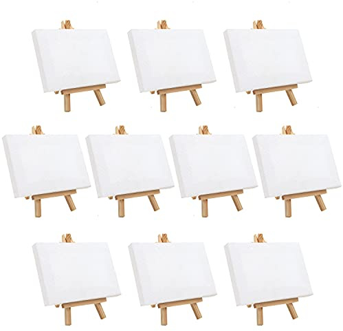 Belle Vous Mini Leinwand mit Holz Bildhalterung Ständer Tisch Staffelei (10er Pack) - H15,5cm x B8,9cm - Vorgespannte, Grundierte Leere Leinwand - Staffelei Holz Klein zum Malen & Zeichnen Öl & Acryl