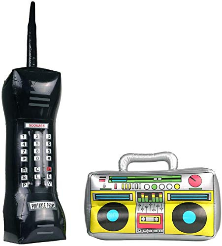 DERAYEE 2 Stück Aufblasbare Boom Box und Blow Up Retro Handy 80er 90er Jahre Party & Kostüm Zubehör für Männer Frauen
