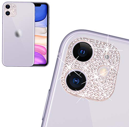 FEENM Rear Camera Decorations for iPhone 11/12 mini 3D Bling Bling Diamond Lens Protective with Flash Hole Ring Anti-Fall Decorate Crystal Rhinstone Sticker iPhone11 /12 Mini Protector Cover Silver