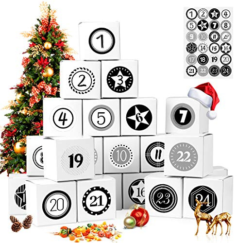 Adventskalender zum Befüllen, 24 Adventskalender Geschenkbox, mit Zahlenaufklebern, für Weihnachtlichen 2024 zum Basteln und Befüllen, Weihnachts-Geschenkschachtel zum DIY, Weiß