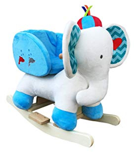 The Rocking Horse Co. - Rocking Elephant - White / Blue - Plush Finish - Complete with Sounds - On solid wood rockers