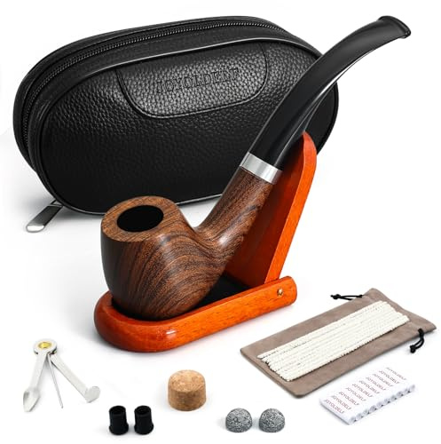 Joyoldelf Tobacco Smoking Pipe with Leather Smoking Pipe Pouch, Pear Wood Handmade Tobacco Pipe with Pipe Stand, Scraper, Filter, Metal Ball and Other Pipe Accessories