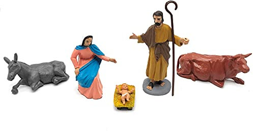 Oliver Art - Figuras de Nacimiento para belén navideño 10 cm, durexina, Jesús, Virgen María, José, Buey y Mula, Figuras Decorativas Nacimiento, Pesebre, Navidad, decoración Tradicional
