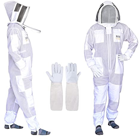 Bee Stars 3 Layer Bee Suit With Fencing Veil And One Pair Gloves Ventilated Sting Proof Beekeeping Suit For Beekeepers With Carrying Bag (Small, White)