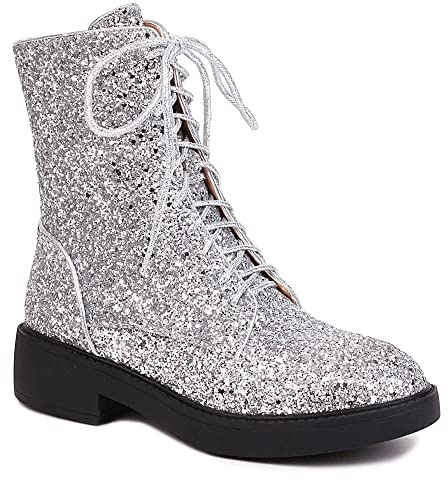 YIYA Women's Silver Sparkly Glitter Sequin Combat Boots Round Toe Chunky Low Heel Side Zipper Lace Up Ankle Flat Booties