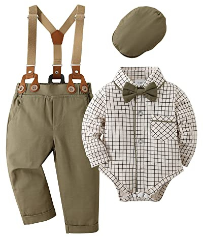 Amissz Completini e coordinati per Bambino Gentiluomo Vestito Battesimo Maschio Bambini e Ragazzi Abiti Camicia con Farfallino + Pantaloni con Bretelle + Berretti Abbigliamento Verde, 6-12 mesi