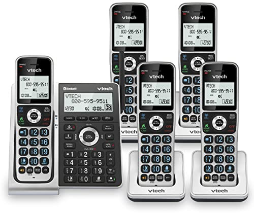 VTech VS306-5 DECT 6.0 5 Handsets Cordless Home Phone with Bluetooth, Answering System, Smart Call Blocker, Caller ID Announce, Backlit Display, Duplex Speakerphone (Silver & Black)