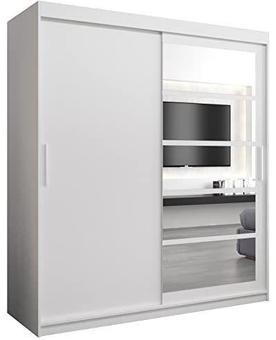 MEBLE KRYSPOL Roma 1 180 Schlafzimmerschrank mit Zwei Schiebetüren, Spiegel, Kleiderstange und Regalen – 180x200x62cm - Mattweiß