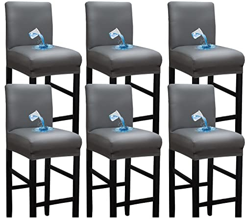 Bestenrose Wasserdicht Stuhlhussen 6er Set Bar Stuhlhussen PU Leder Stuhlbezug Barhocker Bezüge Stretch Hochhocker stuhlbezüge Abnehmbarer Stuhlbezug für Esszimmerstuh (Grau, 6 Stück)