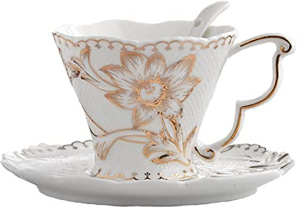 SHZMJL Teacup and Saucer and Spoon Sets, Vintage Bone China Tea Cups, Rose Teacup, Flower 6.8 Oz, Euro Style Bone China Tea Cups and Saucers Set for Tea Party Christmas Gifts (Golden)