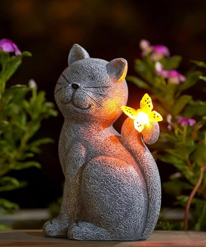 Goodeco Katzen Figuren mit Solar Schmetterling Deko Wohnzimmer Gartendeko | Lustig katze Geschenk für Frauen Mama Geburtstagsgeschenk Gartenfiguren Wasserdicht Zimmer Garten Balkon Deko